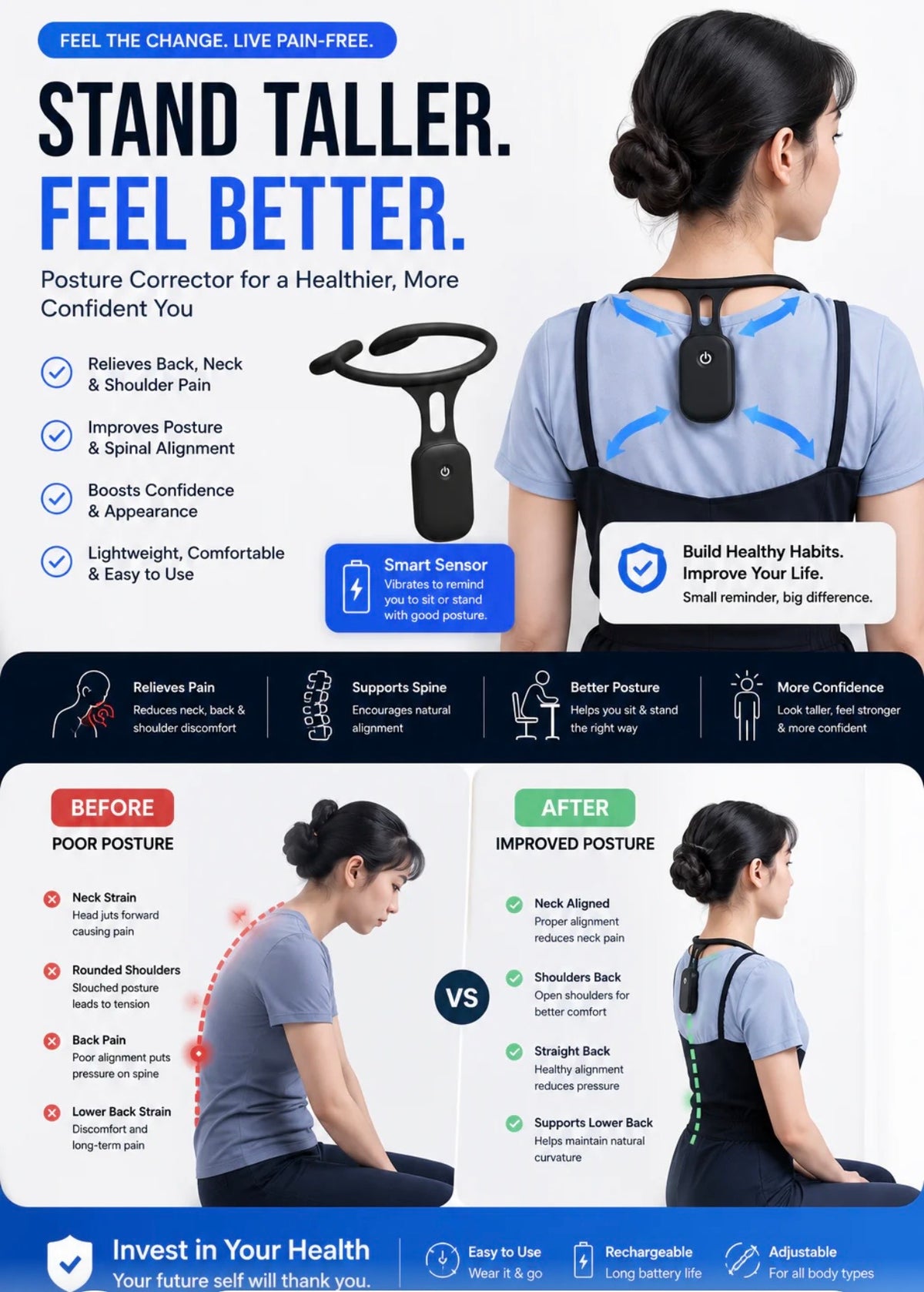 Improve your posture, reduce back, neck, and shoulder pain, and stand taller with confidence. Designed for all-day comfort, this smart posture corrector gently trains your body into proper alignment while supporting your daily activities.