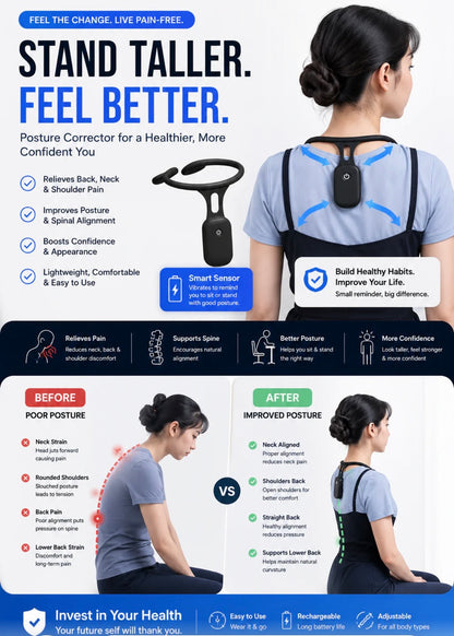 Improve your posture, reduce back, neck, and shoulder pain, and stand taller with confidence. Designed for all-day comfort, this smart posture corrector gently trains your body into proper alignment while supporting your daily activities.